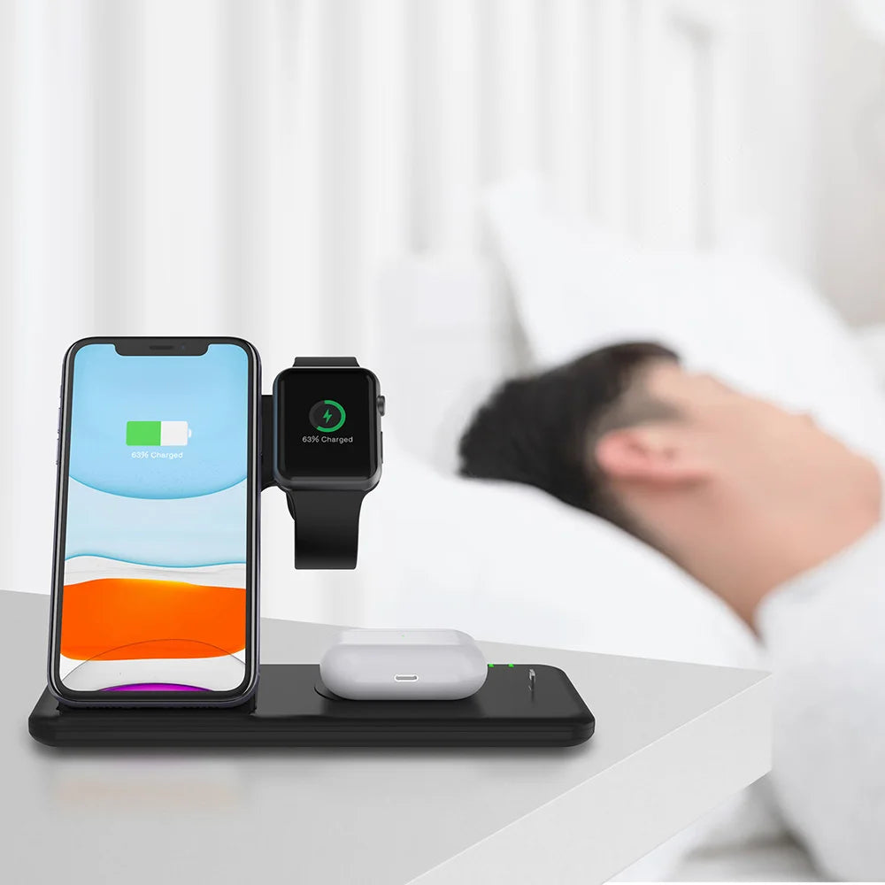 15W Qi Fast Wireless Charger Stand For iPhone 11 XR X 8 Apple Watch 4 in 1 Foldable Charging Dock Station